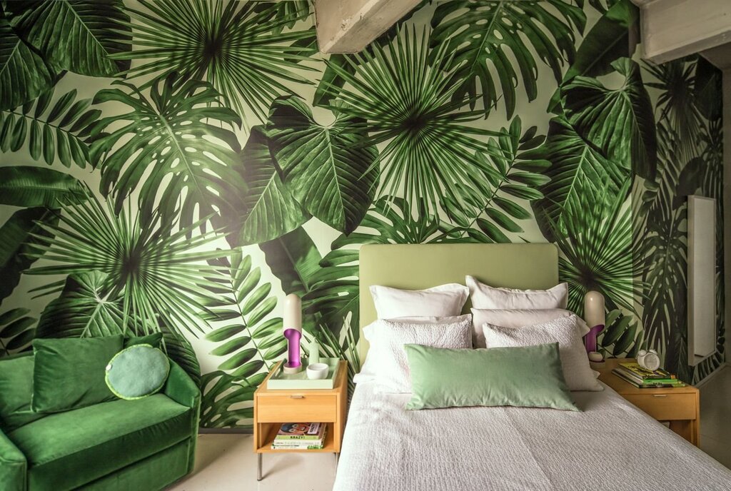 Palm leaf wallpaper in the interior 40 фото