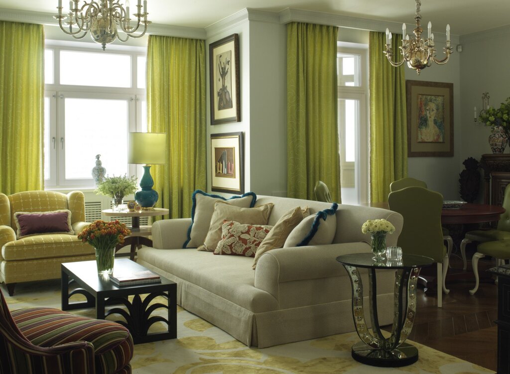 Olive curtains in the living room interior