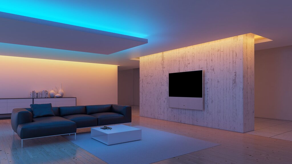 A floating plasterboard ceiling with lighting