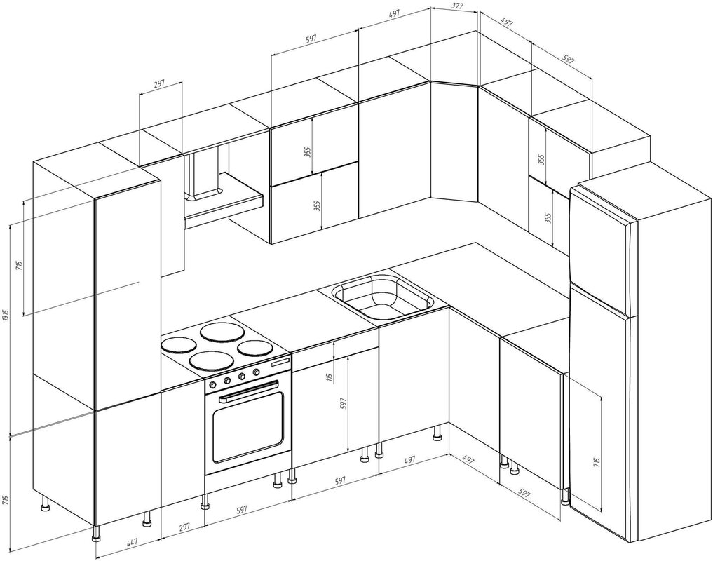 The layout of the kitchen set