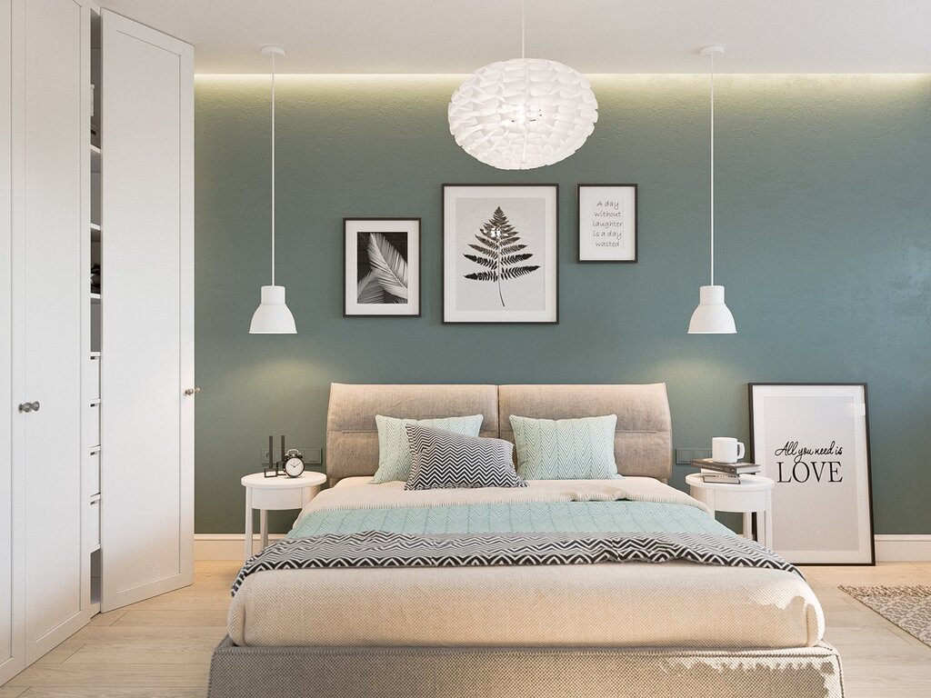 Pendant lights in the bedroom above the bed