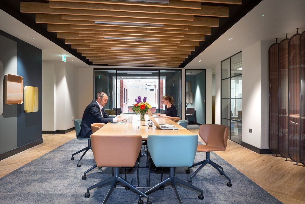 The ceiling in the office is in squares