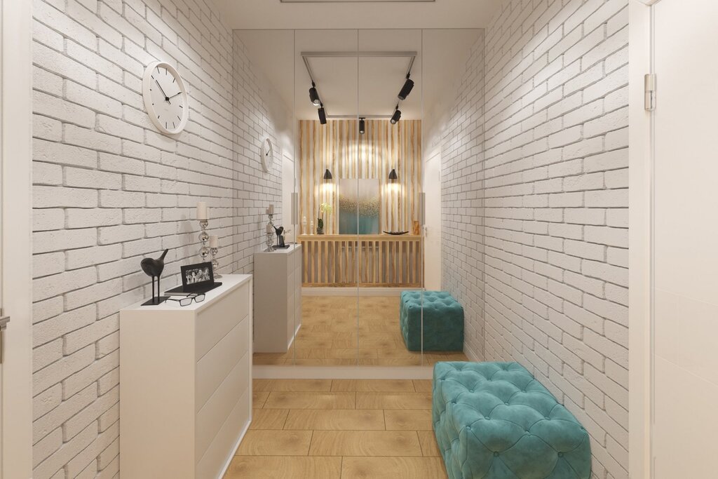 The hallway with white bricks