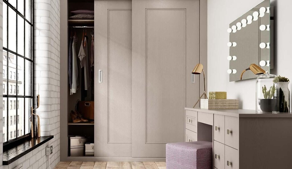 A modern style entryway with a wardrobe