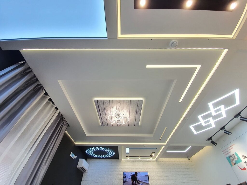 A transparent stretch ceiling with lighting