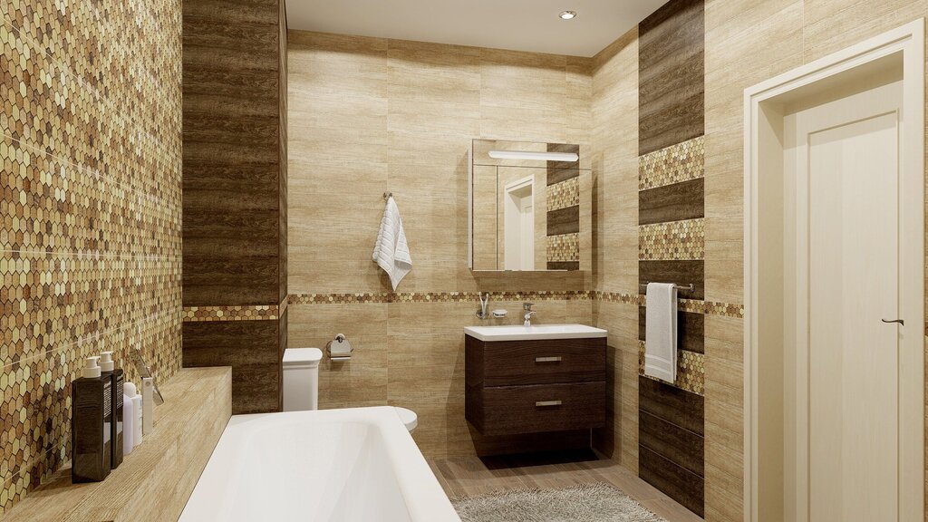 Tiling layout under wood in the bathroom