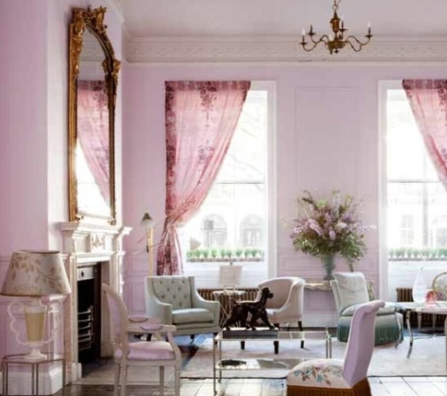 Pink curtains in the living room interior