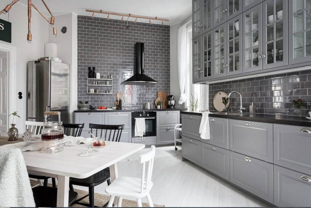 Gray kitchen, white brick