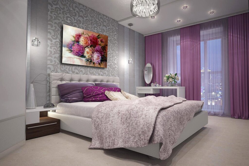 Gray wallpaper in the bedroom interior