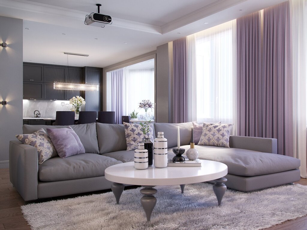 Серый диван в интерьере гостиной
