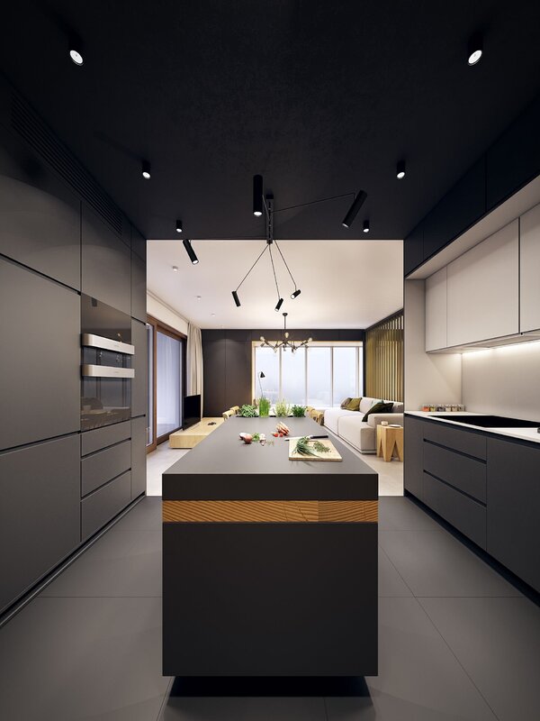 Серый потолок на кухне