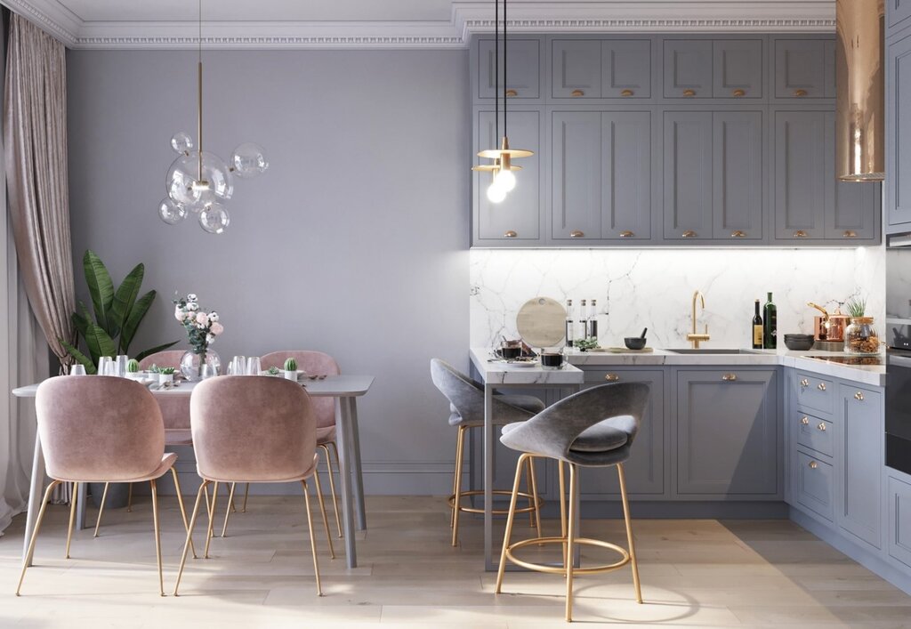 Gray color of the walls in the kitchen