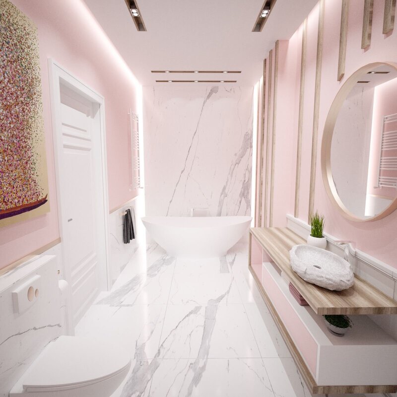 Серо розовая ванная комната