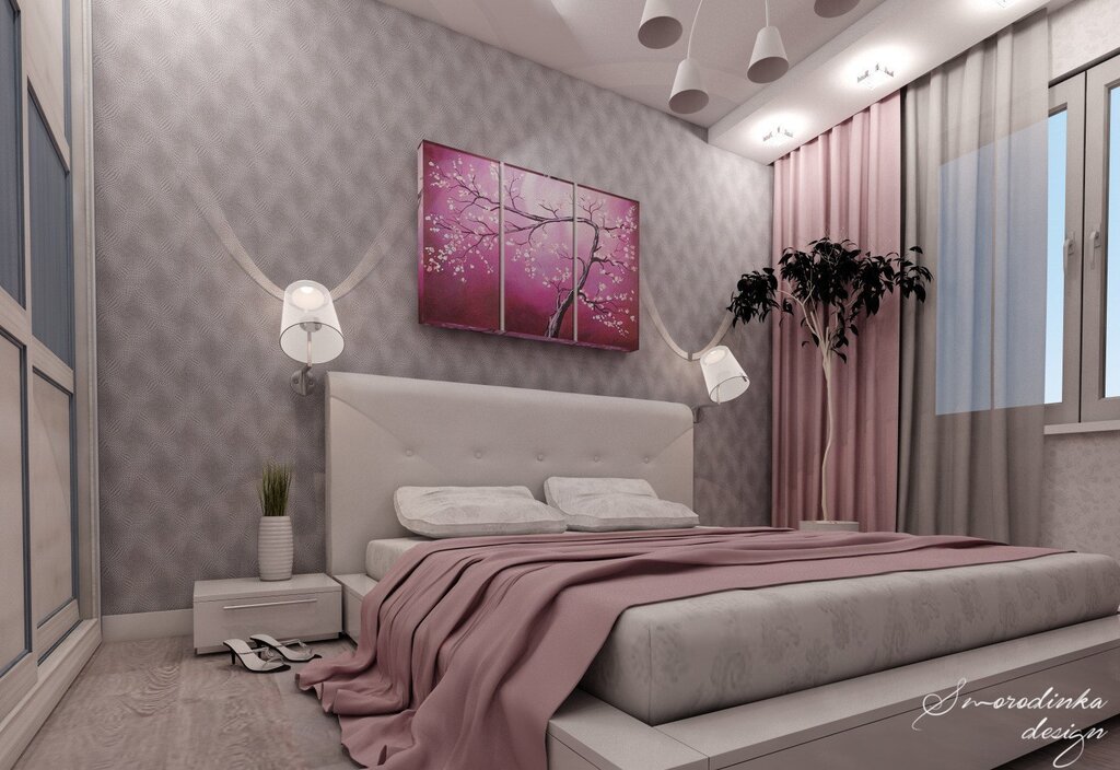 Gray-pink bedroom interior