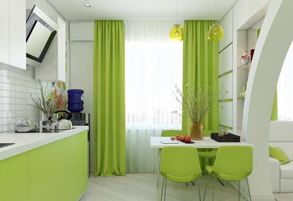 Серо зеленые шторы на кухню