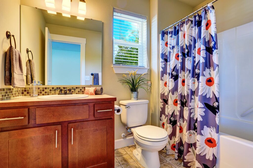 A shower curtain in the interior