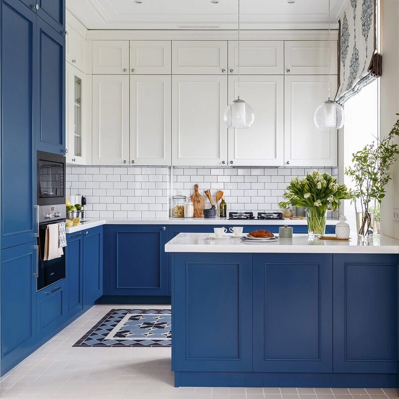 Blue and white kitchen in the interior