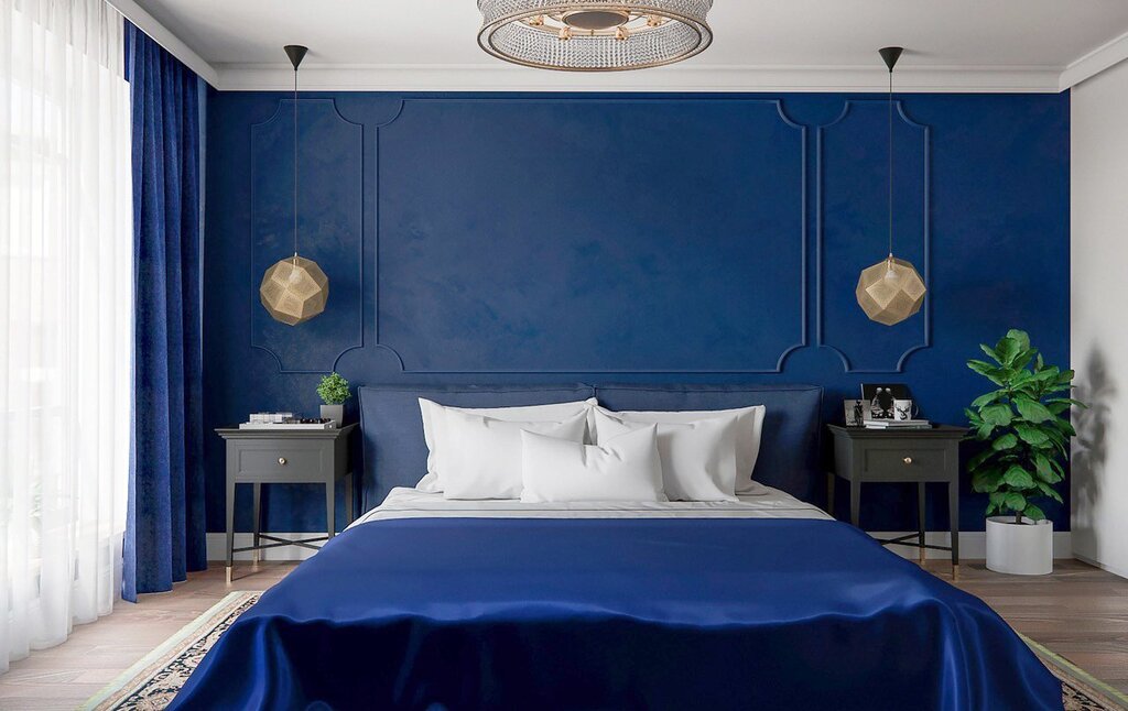 Синие стены в интерьере спальни