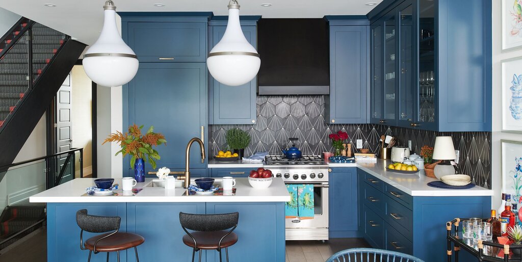 Blue kitchen in the interior