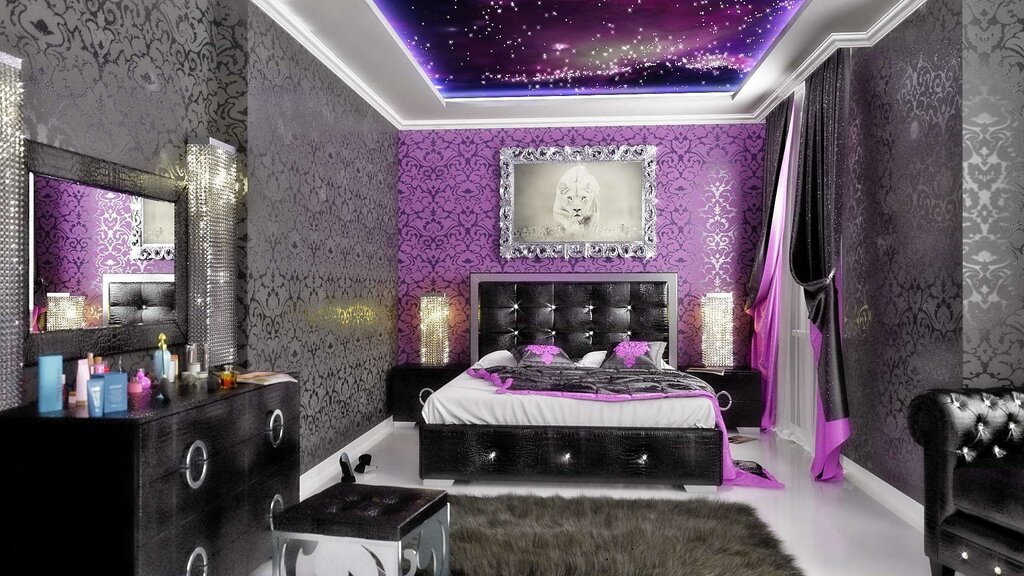 Lilac wallpaper in the bedroom interior