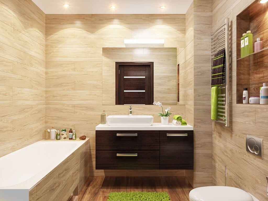 Combination of wood-look tiles in the bathroom