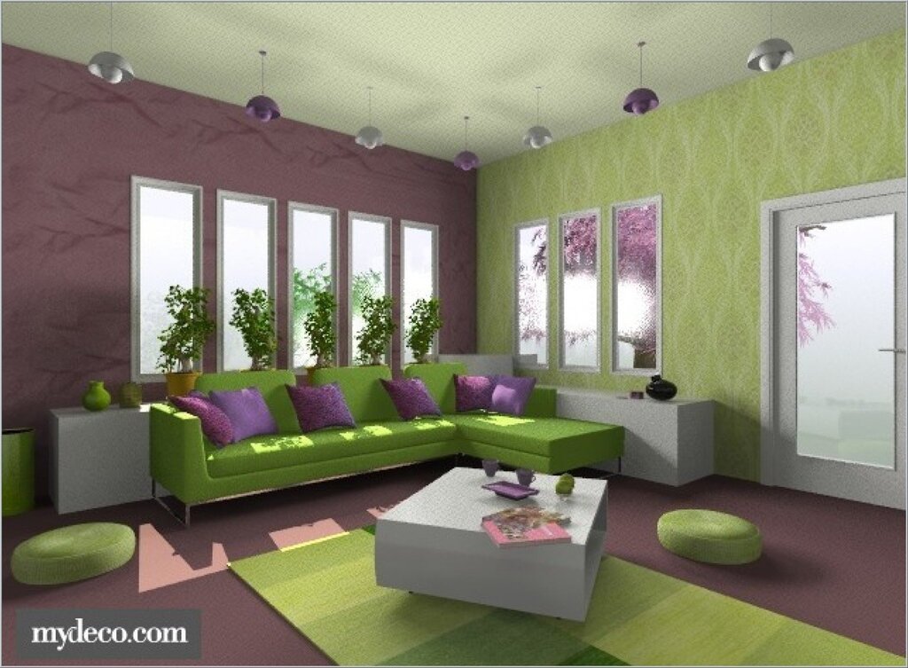 The combination of lilac and green in the interior 50 фото