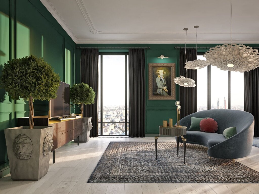 The combination of green and gold in the interior