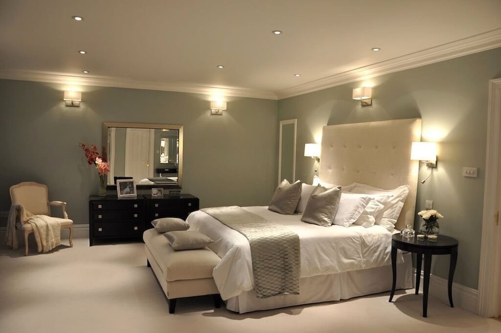 A bedroom without a chandelier