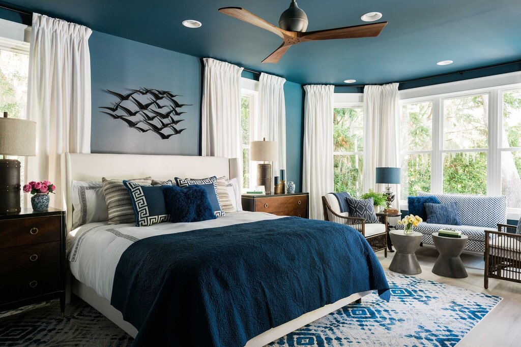 Bedroom with a blue bed