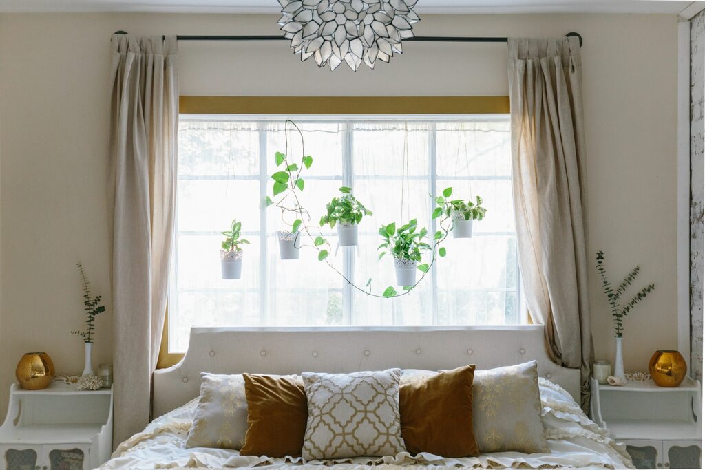 Bedroom with a window at the head of the bed