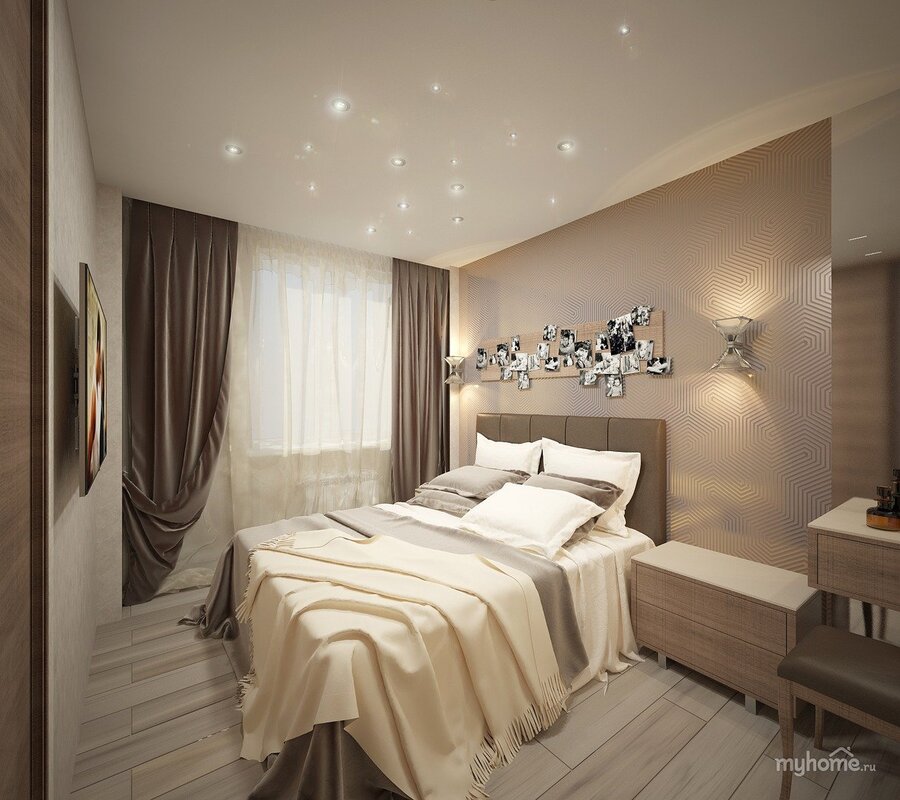 A bedroom in white and beige tones