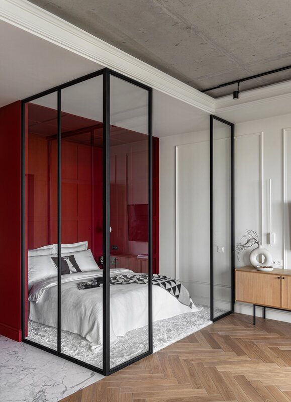 Bedroom behind a glass partition