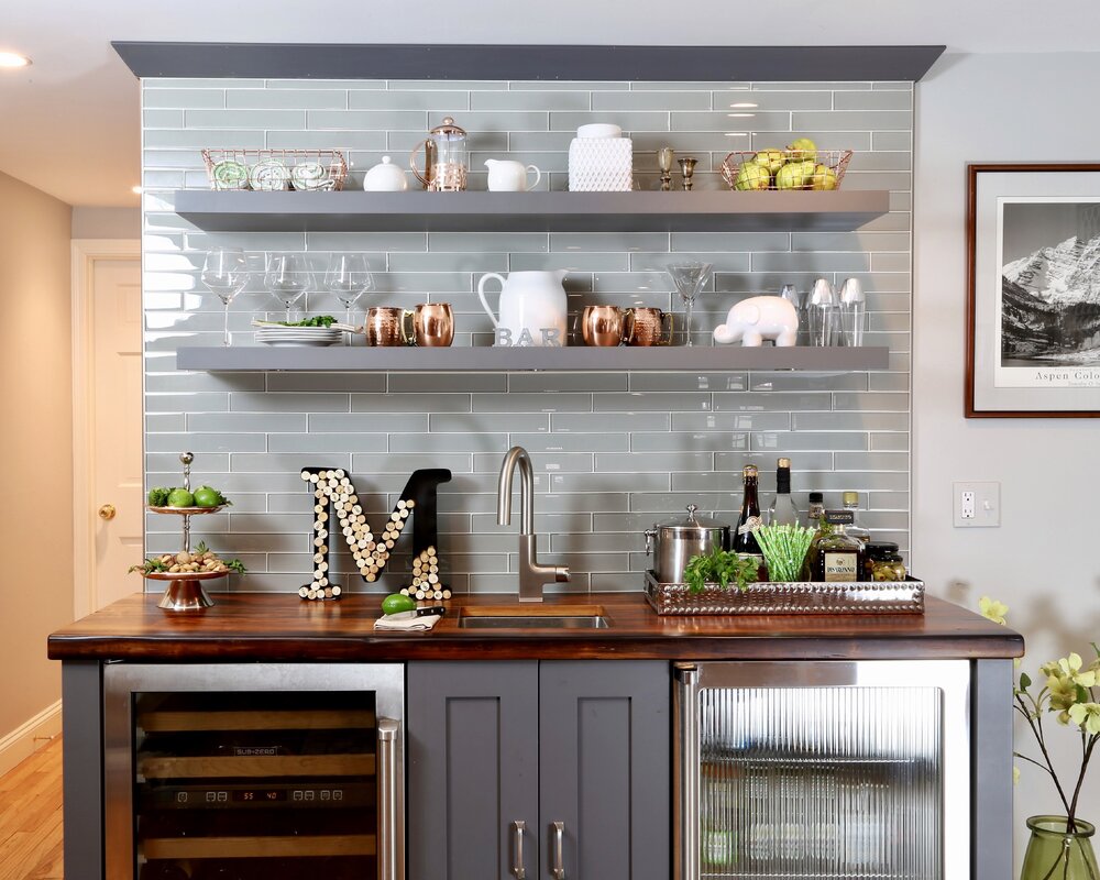 Glass shelves in the kitchen