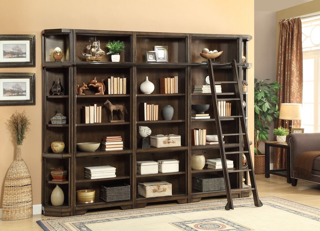 Wooden shelving unit covering the entire wall