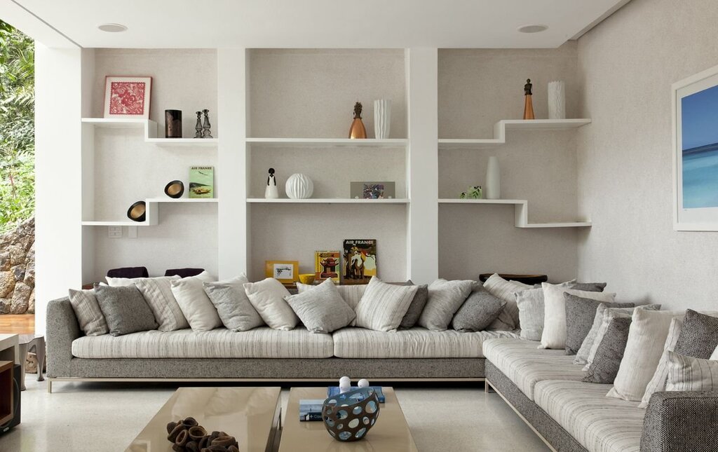 A shelving unit in the living room interior