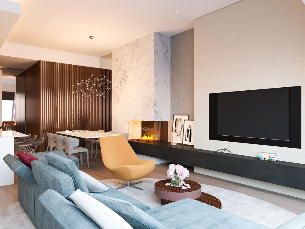 Телевизор в современном интерьере гостиной