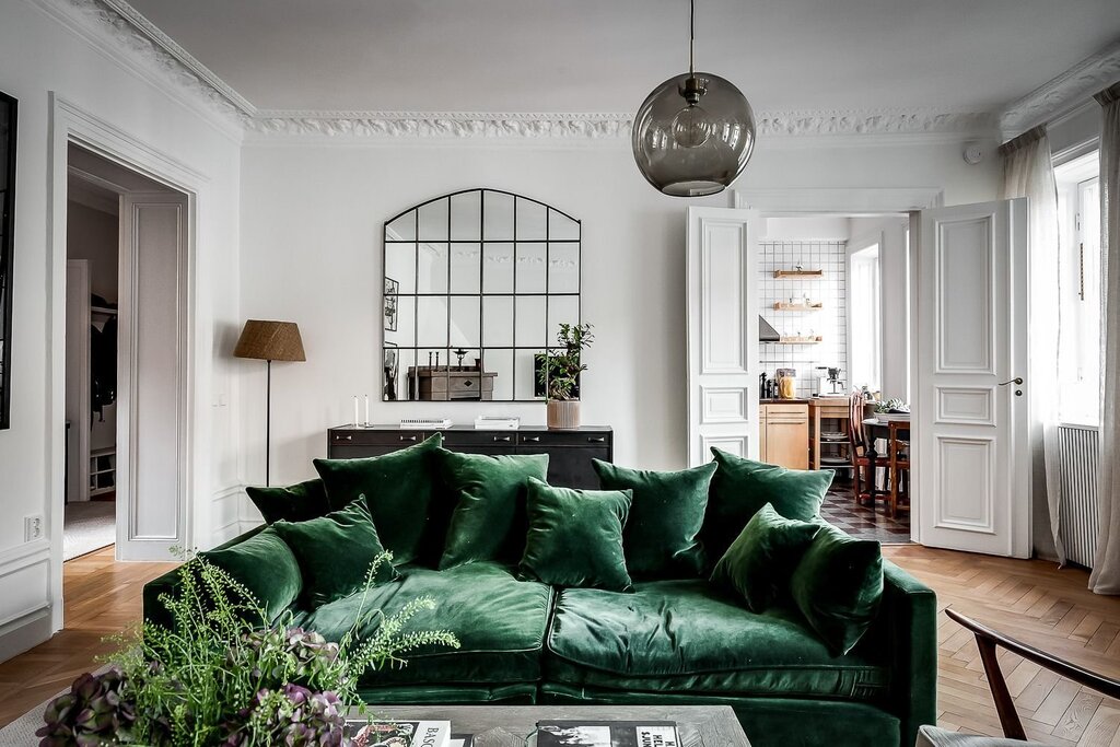 A dark green sofa in the interior