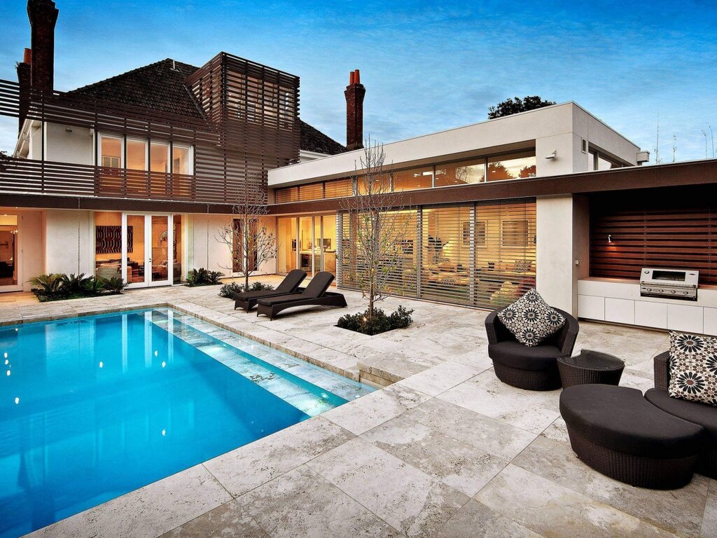 Terrace with a pool to the house