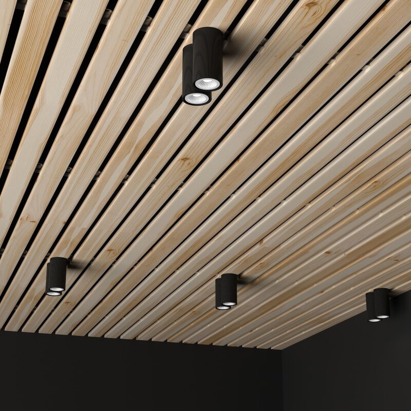 Точечные светильники в деревянном потолке