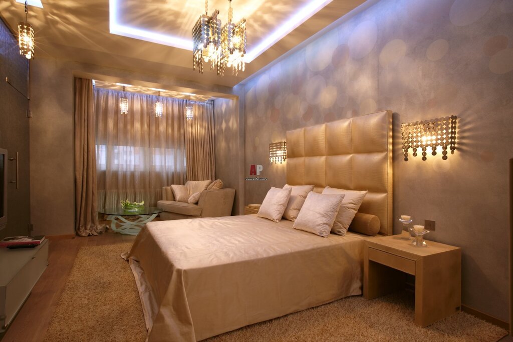 Recessed lights in the bedroom interior