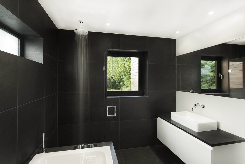 Bathroom with a black ceiling