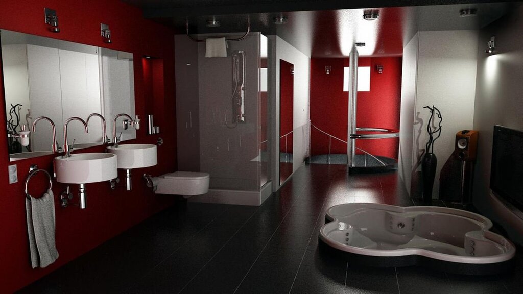 The bathroom in black and red colors