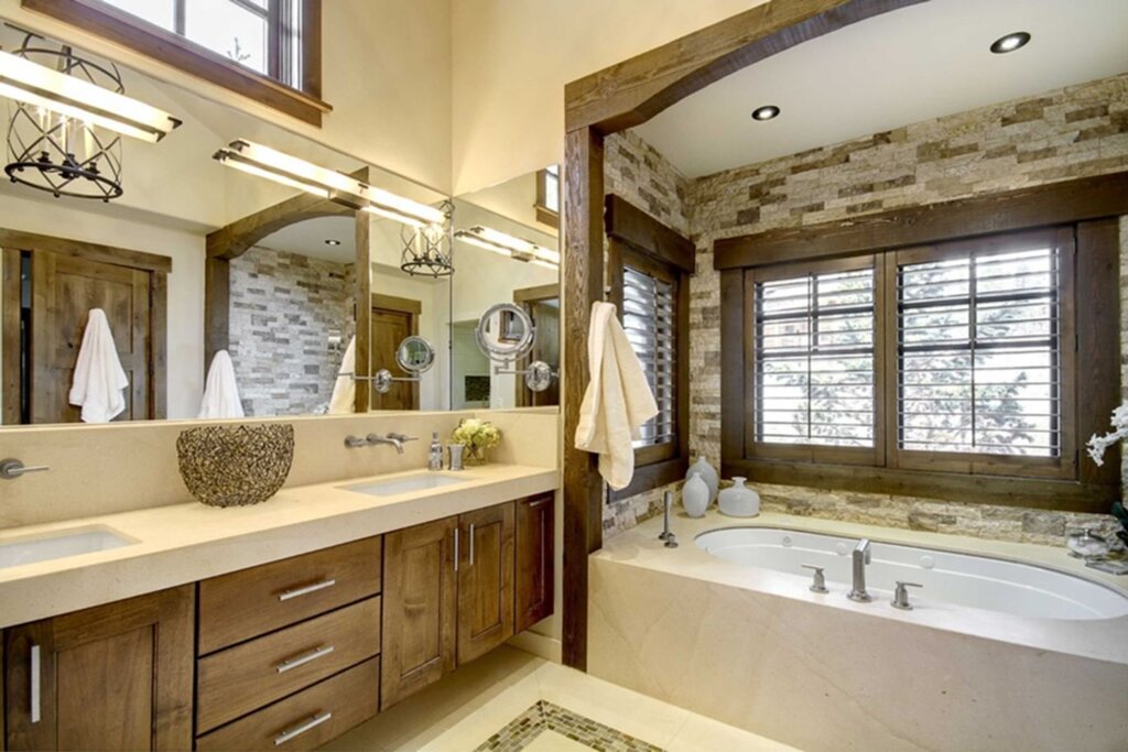 A bathroom in a wooden style