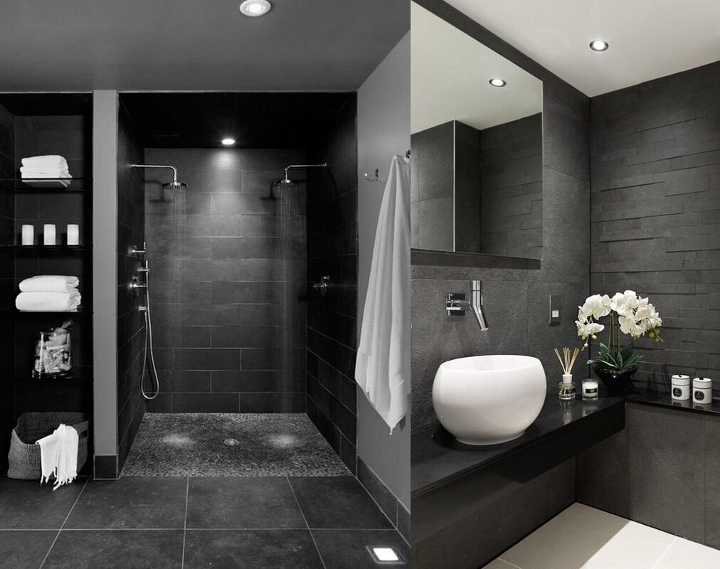 A bathroom in gray and black tones