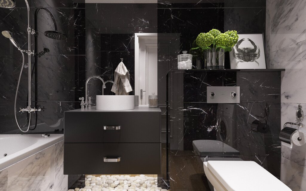 Bathroom with a black floor