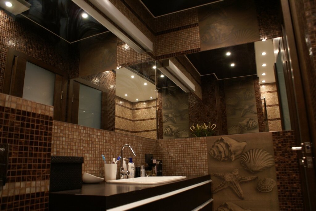 A bathroom in brown tones