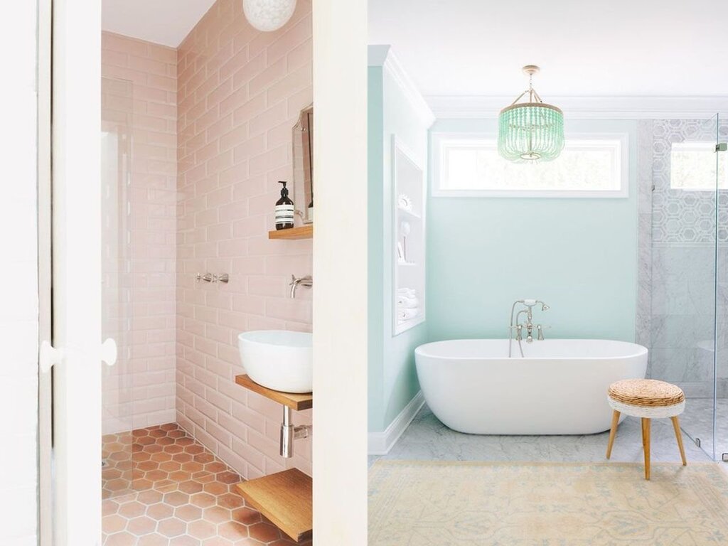 A bathroom in pastel colors