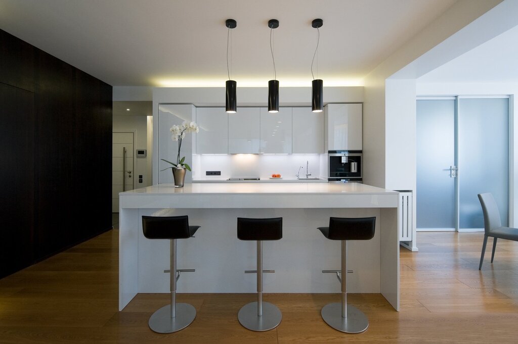 Pendant lights above the bar counter