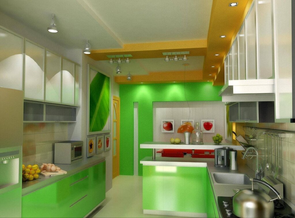 Green kitchen set in the interior