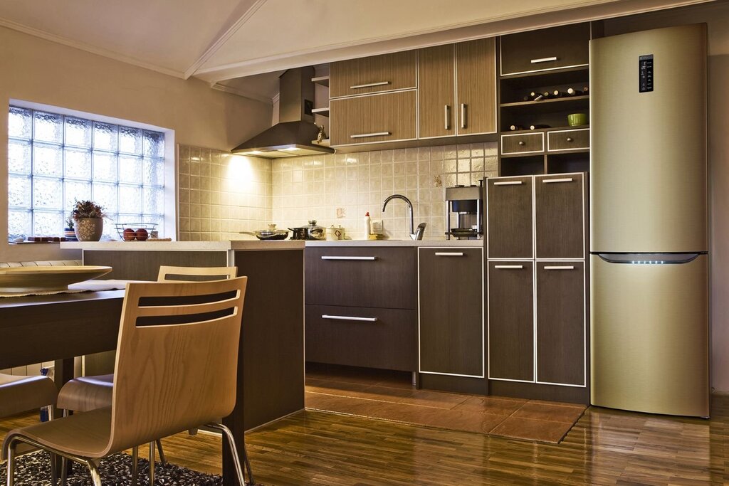 A golden refrigerator in the interior